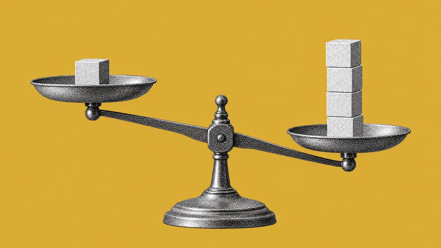 An old-fashioned two-pan balance scale tipped to one side, a single small cube on the raised pan and a tall stack of cubes on the lowered pan