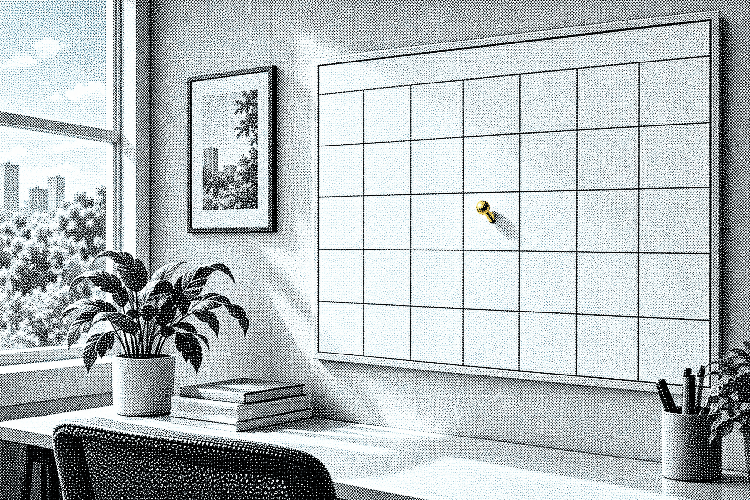 A wall calendar of blank squares in a bright office, one square marked with a gold pushpin
