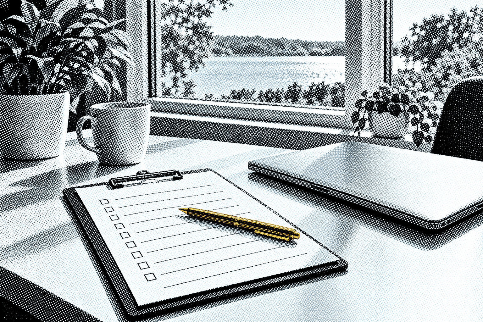 A clipboard with a blank ruled form on a sunlit desk beside a closed laptop, a gold pen resting across the clipboard