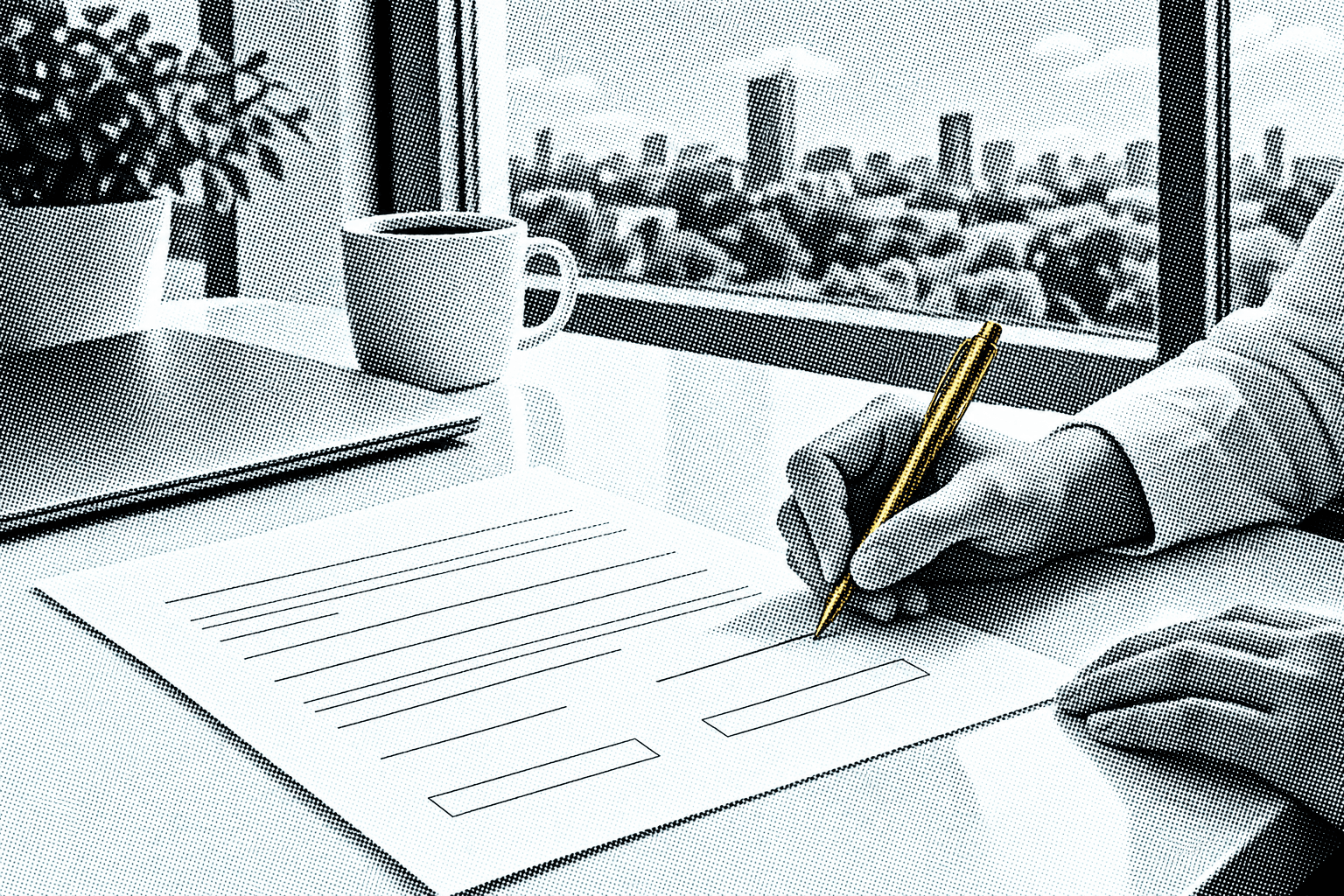 A hand signing a single-page form on a white desk beside a sunlit window, holding a gold pen