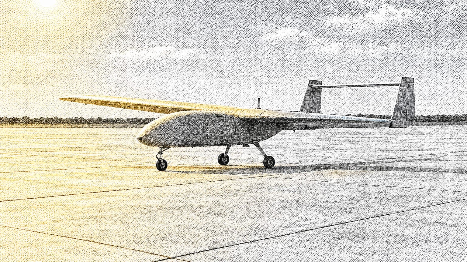 A small fixed-wing unmanned aircraft resting on a pale concrete apron under open sky, a patch of sunlight across its wing