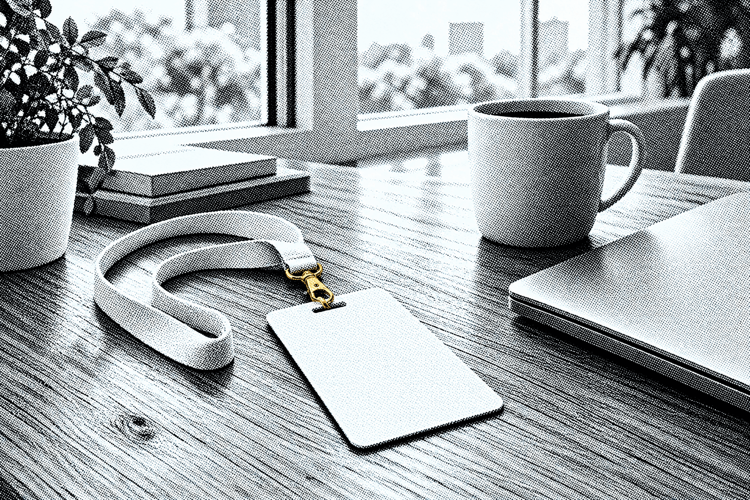 A blank white ID badge on a lanyard lying on a sunlit desk beside a window, with a gold badge clip