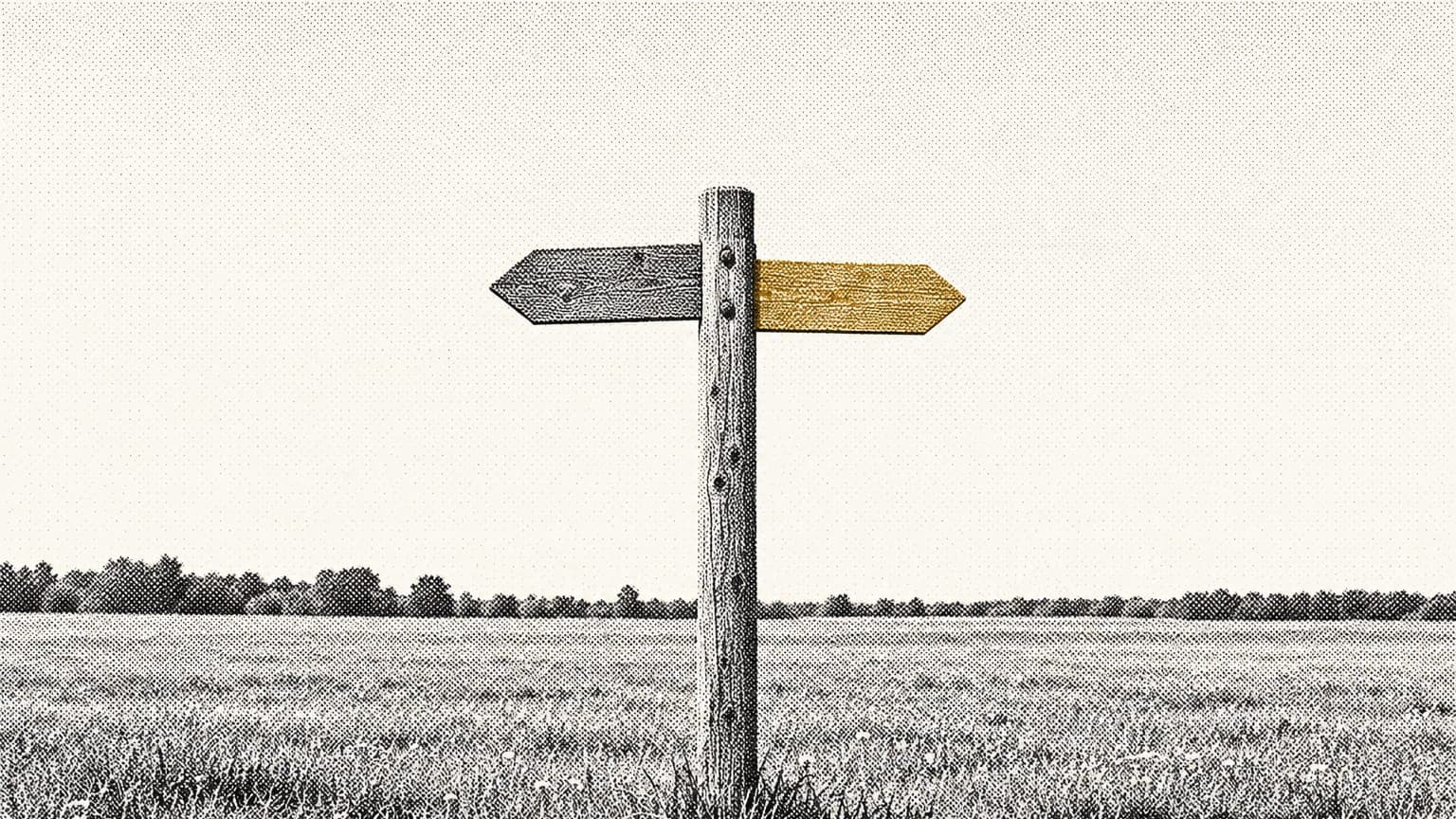 A wooden signpost with two blank arms pointing in different directions, standing alone in an open meadow under a bright sky
