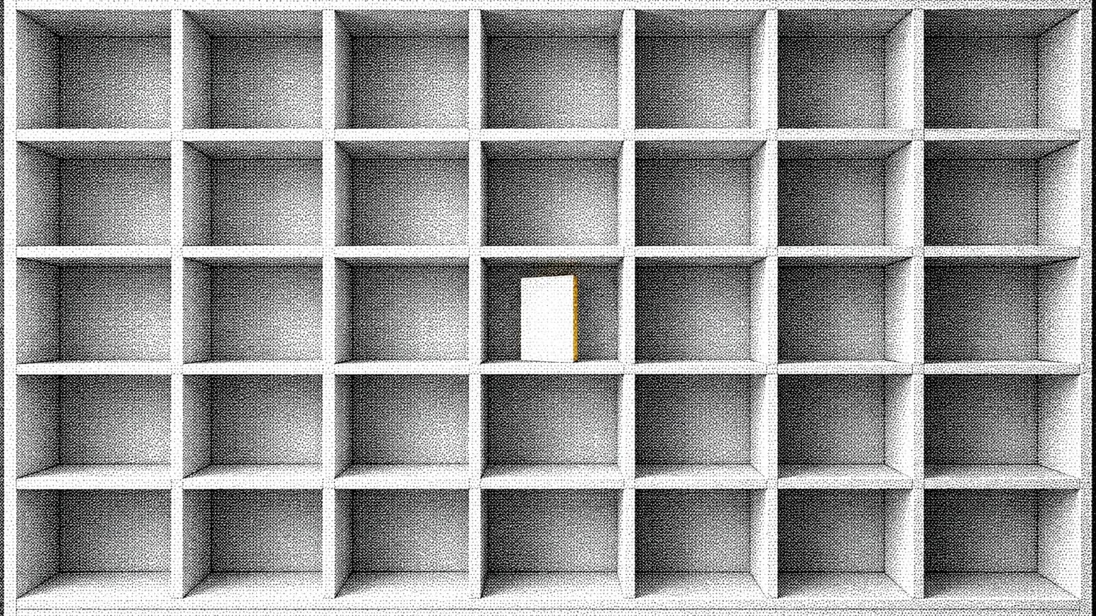 A wall of open pigeonhole shelves, every compartment empty except one holding a single upright card