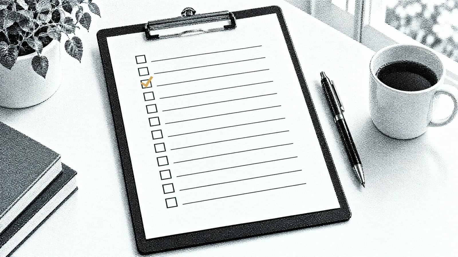 A clipboard holding a form with a column of thirteen checkboxes, one ticked in gold