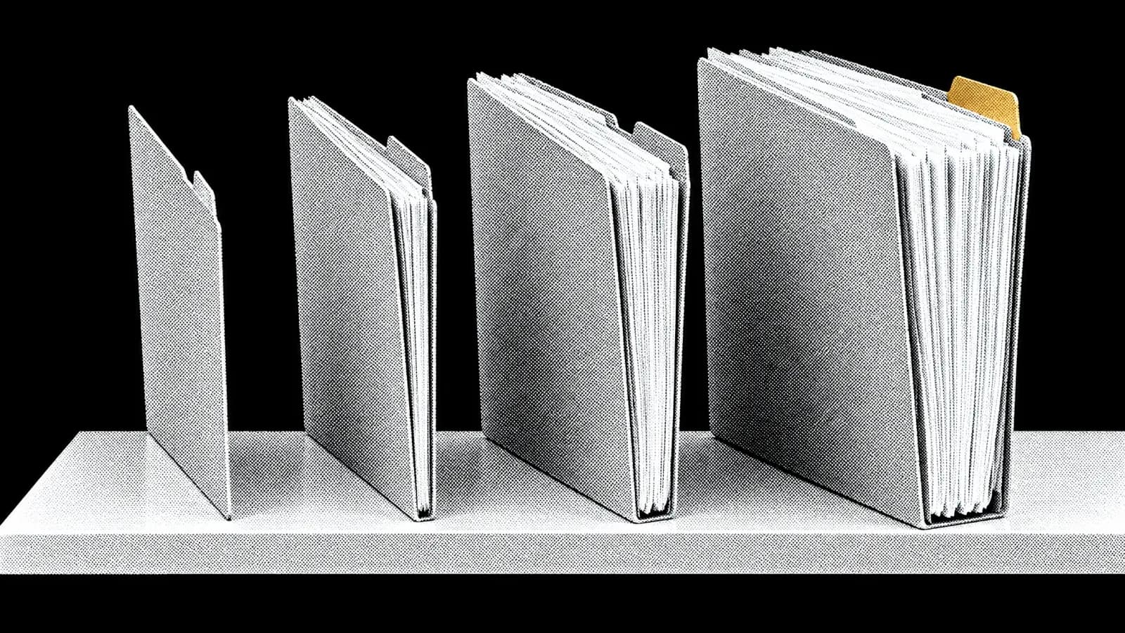 Four folders standing upright on a shelf, each one visibly thicker than the last