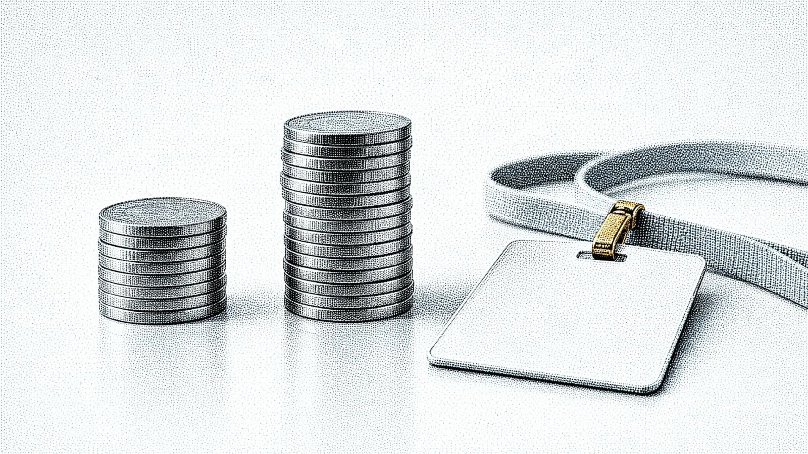 Two stacks of coins side by side, the right roughly twice the height of the left, beside a blank security badge