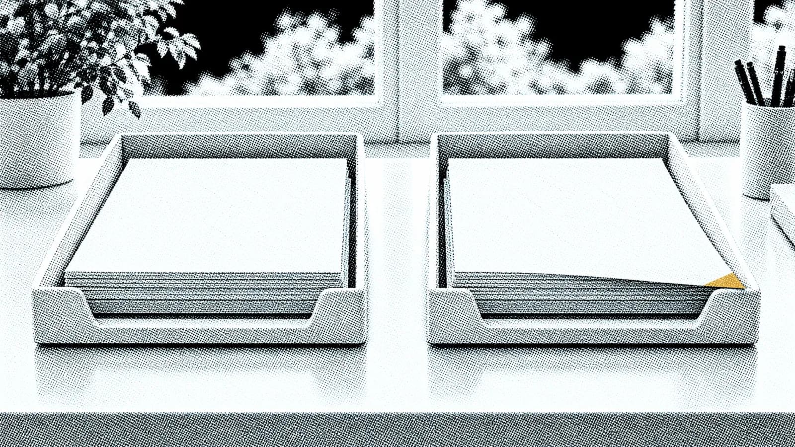 Two identical document trays, one holding a squared stack and one with a single sheet slipped out of alignment