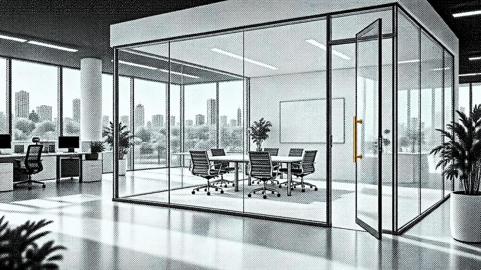 A glass-walled meeting room inside an open office, its glass door standing open