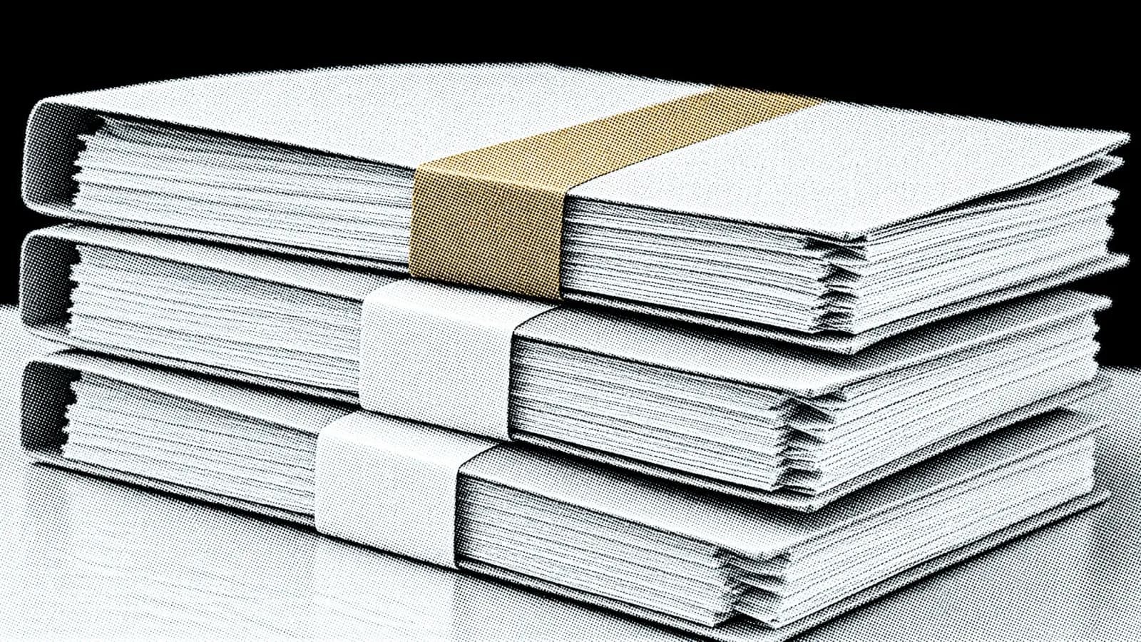 Three document folders stacked in offset layers, the top one banded in gold